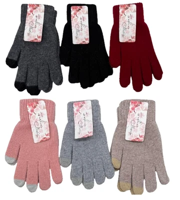 Ladies 100%WOOL Gloves With TOUCH SCREEN Knitted Warm Winter Full-Finger Gloves - Image 1 of 3