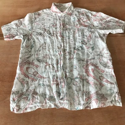 Tasso Elba 100% Linen Shirt Men L Brown Floral Button Up Pocket Short Sleeve - Image 1 of 4