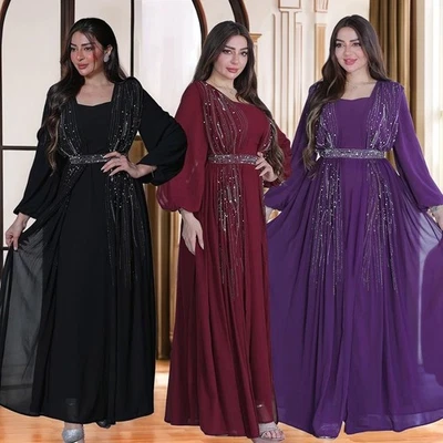 Muslimisches Damen Strass Maxikleid elegant mit Gürtel Plissee Kaftan Party gewachsen - Bild 1 von 4