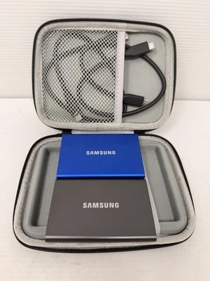 Samsung Portable SSD T7 External Drive MU-PC1T0T Gray and Blue with Case & Cord - Image 1 of 4