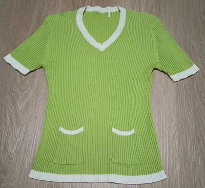 Vtg 70s MOD Pea Green Stretch Rib Knit Front Pockets Top XS - Image 1 of 4