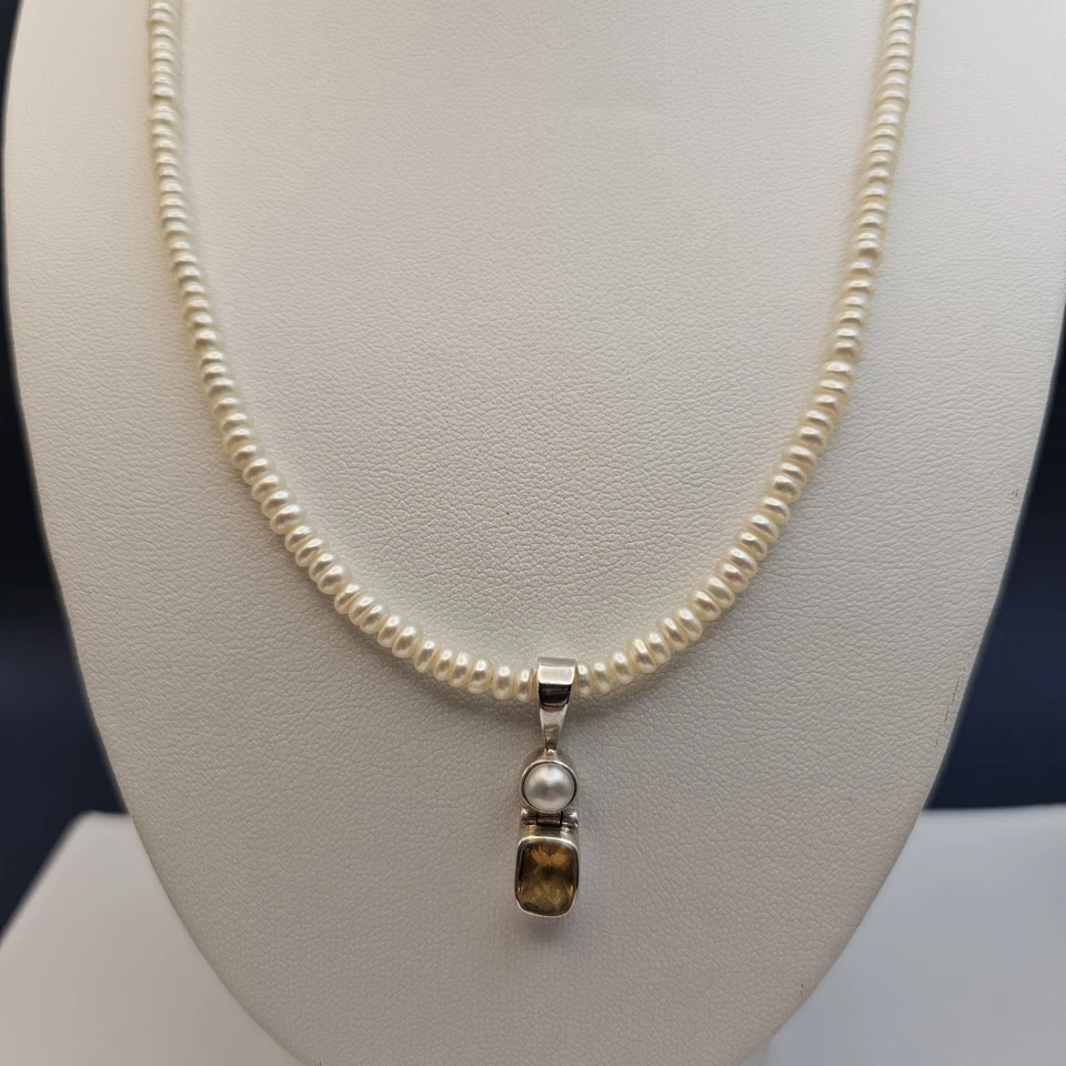 Acleoni Sterling Silver 925 Pearl Necklace 14g w/ Citrine & Pearl Pendant 2.24g - Image 1 of 4