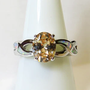 Anillo de Plata Tamaño 7.5 Blanco Laboratorio Ópalo de Fuego Incrustación 8mm*6mm Morganita Nuevo Antiguo Stock - Imagen 1 de 7