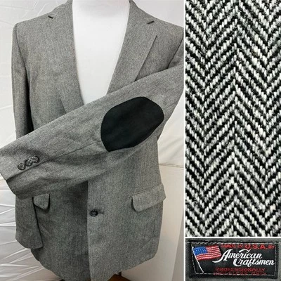 Винтажное мужское спортивное пальто American Craftsman размер 46 XL серое черное с нашивками на локти - Изображение 1 из 4