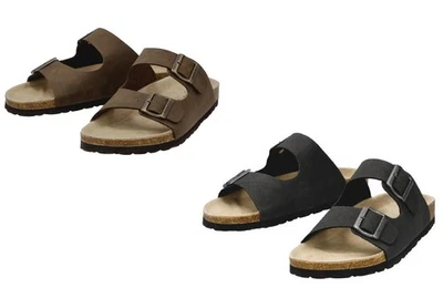 LIVERGY Herren Pantoletten Tieffußbett Hausschuhe braun navy Lederdecksohle Schlappen