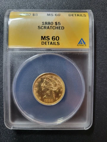 🌟 1880-P ANACS MS60 Details Scratched Liberty Head Gold $5 Half-Eagle US Coin Cover