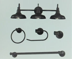 Pia Ricco 3-Light Dark Bronze Vanity Light with Steel Shade-5 Piece bathroom set - Picture 1 of 6