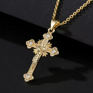 NEWBUY Gold Color Jesus Cross Pendant Stainless Steel Chain Necklace - Picture 1 of 5