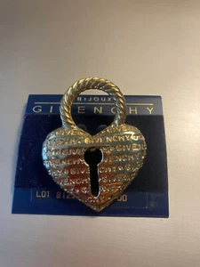 Givenchy Vintage Logo Heart Pin Brooch Lock Brushed Gold Chunky Signed 80s  SALE - Picture 1 of 3