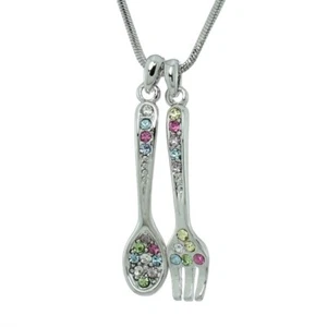 Spoon Fork Pendant Made With Swarovski Crystal Multi Color Necklace 20" Chain - Picture 1 of 2