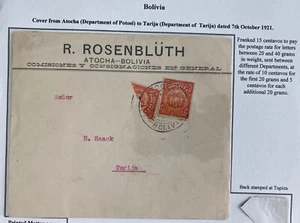 1921 Atocha Bolivia Bisect Stamp Commercial Printed Matter Cover To Tarija - Picture 1 of 3