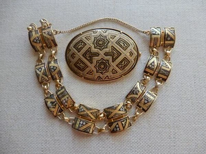 VINTAGE DAMASCENE / TOLEDOWARE BROOCH & DOUBLE BRACELET SET - Picture 1 of 7