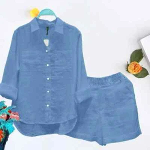 Irregular Hem Fashion White Long Sleeve Shirt And Shorts Two Piece Sets Women - Picture 1 of 30