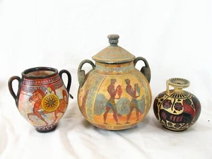 Lot of 3 Greek Hand Painted Pottery 2 Vases & Minoan Jar Crete Ceramic Knossos - Picture 1 of 17