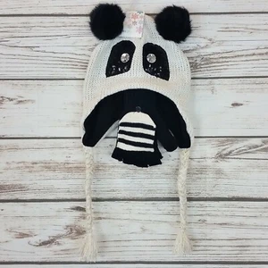 Panda Bear Girls Hat & Mitten 2 Piece Set Pom Pom Knit Earflap Hat Beanie   - Picture 1 of 3