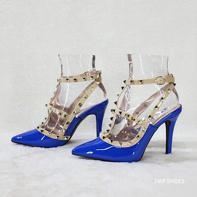 Caged Royal Blue Studded Strappy Stiletto High Heel Shoes - Image 1 of 4