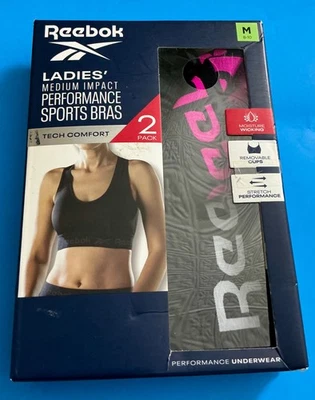 SUJETADOR DEPORTIVO REEBOK DAMAS RENDIMIENTO IMPACTO MEDIO PAQUETE DE 2 TALLA M 8 - 10 Foto 1 de 2