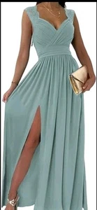 Vestido formal para mujer envolvente cuello en V acanalado dama de honor graduación pequeño azul encaje nuevo con etiquetas - Imagen 1 de 22