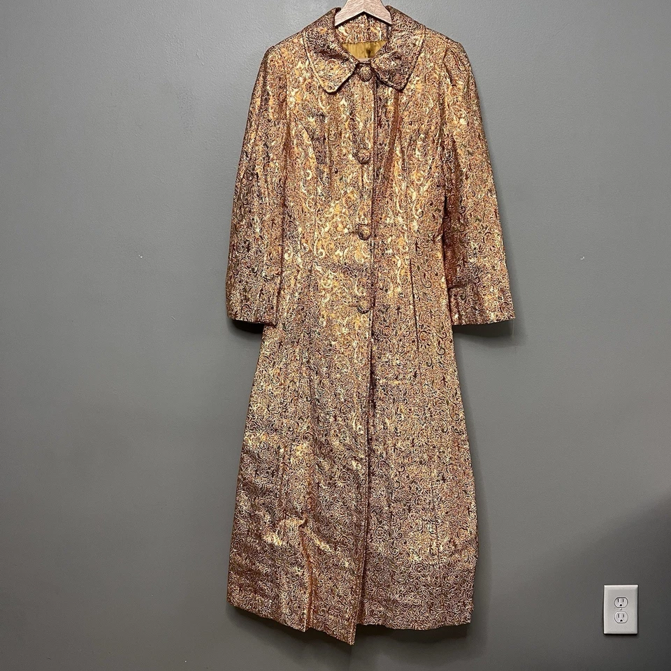 VTG 60s Metallic Burnt Orange & Gold Brocade Evening Long Coat Haute Couture 8 - Image 1 of 4