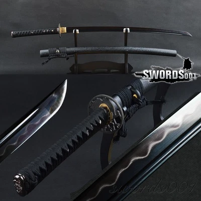 Black Japanese Samurai Katana Clay Tempered Folded Steel Crane Tsuba Sharp Sword - Image 1 of 4