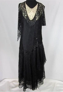 *Exquisite Beaded Black Lace Flapper Dress, Gown, True VTG 1920s - 30s Paris - Picture 1 of 12