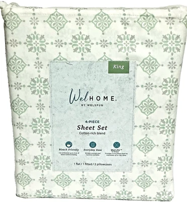WELHOME WELSPUN 4 PC KG SHEET SET, 70% COTTON RICH BLEND, 320 TC DITSY MEDALLION - Image 1 of 2