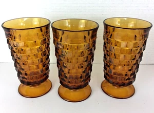 Whitehall Indiana Glas Bernstein Kubistisch 12 Unzen Fuß Becher 6" Höhe Vintage 3er Set - Bild 1 von 4