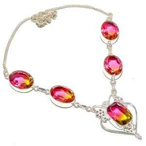 Natural Tourmaline Gemstone Chain Necklace 925 Sterling Silver Indian - Picture 1 of 4