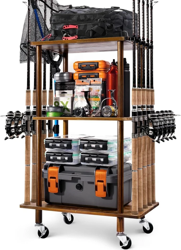 Soportes de caña de pescar para garaje, estante de madera de 3 niveles, capacidad para 10 cañas, almacenamiento de equipo Foto 1 de 4