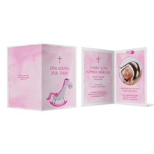 Einladungskarten Taufe Einladungen Mädchen individuell Foto Schaukelpferd Rosa - Bild 1 von 3