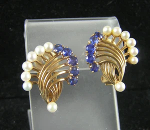 Beautiful Estate 14K Yellow Gold Pearl and Blue Sapphire Fan Earrings~10.1g - Picture 1 of 9