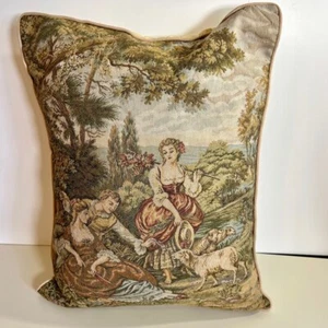 Antique Victorian tapestry pillow down Decorative Pillow, Green Beige, 18x18" - Picture 1 of 10