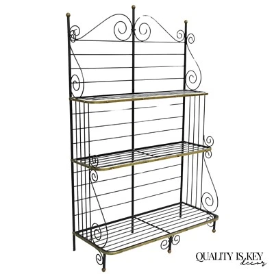 Vintage French Bakers Rack 3 Tier Scrolling Wrought Iron and Brass Etagere - Image 1 of 4