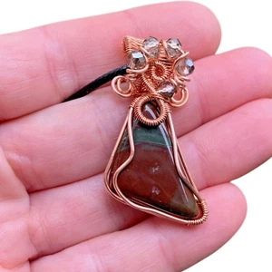 Genuine Bloodstone & Smoky Quartz Copper Gift For Her Pendant Wire Wrap Jewelry - Picture 1 of 12