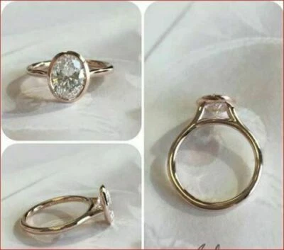 2Ct Oval Real Moissanite Bezel Set Engagement Ring 14k Yellow Gold Plated Silver - Image 1 of 4