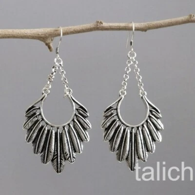 Shiny 925 Sterling Silver Feathers Fan Drop Statement Earrings Boho Chic Unique - Image 1 of 4