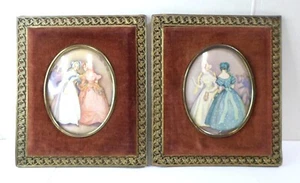 2 Antique FANCY LADIES PICTURES - Bowed Glass w/ Velvet & Filigree Frames 5.75" - Picture 1 of 9