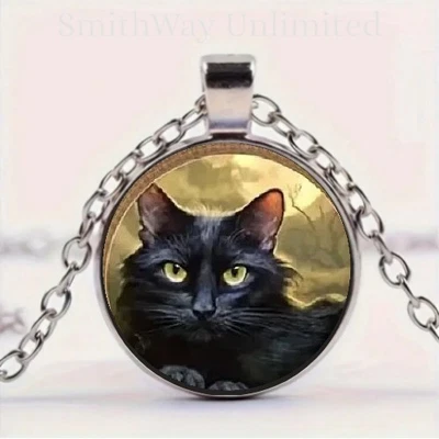 Collar colgante redondo de vidrio con diseño artístico de gato negro Foto 1 de 4