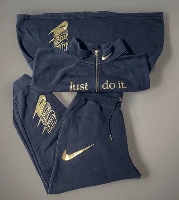 Nike Gold Swoosh Just Do It Sweatsuit 1/2 Zip Jacket & Jogger Unisex XL Y2K Blck - Image 1 of 4