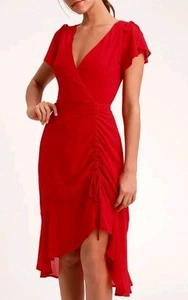 Lulu's Red Dress Short Sleeves Hi Low Faux Wrap Layered Chiffon NWOT Sz xs - Picture 1 of 6