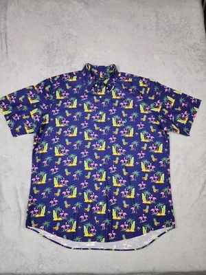 Ralph Lauren 衬衫男式 XLT 海军蓝短袖纽扣热带火烈鸟 — 第 1/4 张图片