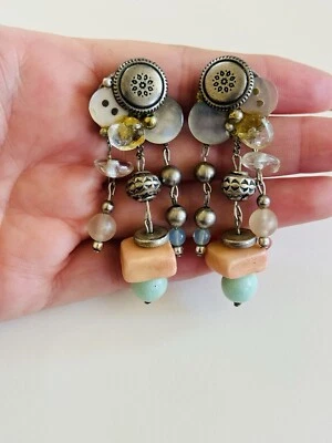 VTG Button Earrings Dangle statement Chunky Silver Pink Lucite Clip 1990s Rare - Image 1 of 4