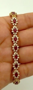 10 Ct Oval Ruby& Diamond Lab Created 14k Yellow Gold Plated Tennis Bracelet 7.5" - Picture 1 of 4