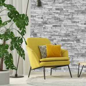 3D Stone Slate Brick Effect Wallpaper Grey Rock Wall Weathered Realistic P+S - Picture 1 of 4