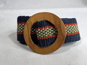 Vintage Canvas Wide Petite Belt Womens 2" Woven Blue/Green/Red Wooden Buckle - Picture 1 of 12