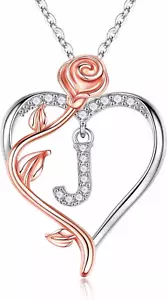 Rose Heart Necklaces Gifts for Women - 925 Sterling Silver Rose Heart Initial Ne - Picture 1 of 9