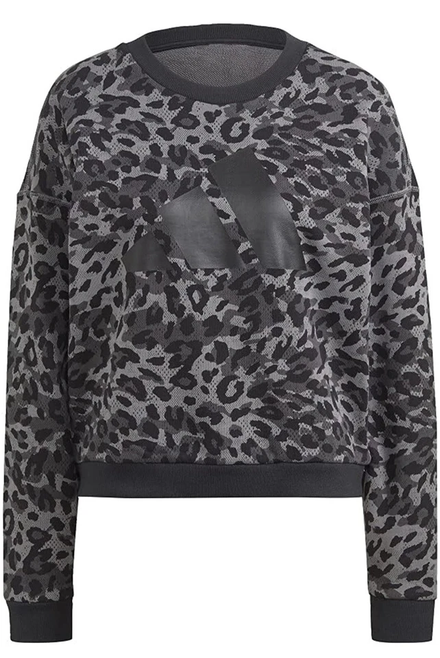 Adidas Womens Sweatshirt Cropped Cheetah print Black& Gray Logo Large