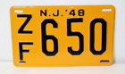 Vintage N.J ' 1948 Vehicle License Plate :: ZF 650  ::: Single Plate Only