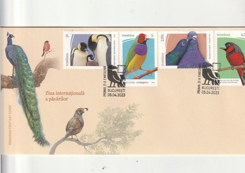 FUNDA RUMANIA 2023 PÁJAROS LORO PALOMA PINGÜINO PRIMER DÍA MARCAS POSTALES Foto 1 de 1