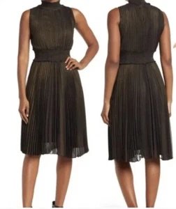 Nanette Lepore sehr schwarz/gold Plissee hochgeschlossenes Kleid. Neu mit Etikett Größe 6 UVP 148,00 $ - Bild 1 von 12